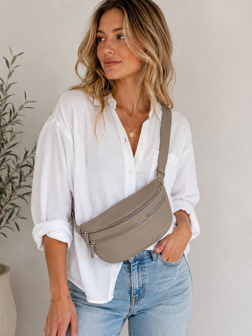 GENICCI Goat Leather Crossbody Sling Belt Bag Beige Soft Leather Silver Hardware